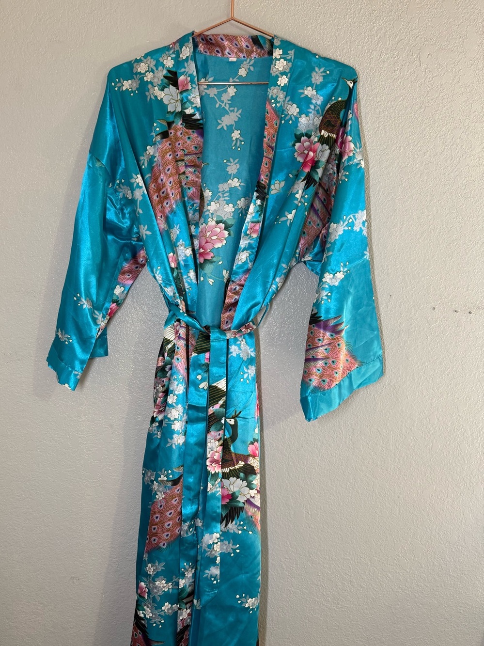 Satin Peacock Print Robe in Turquoise